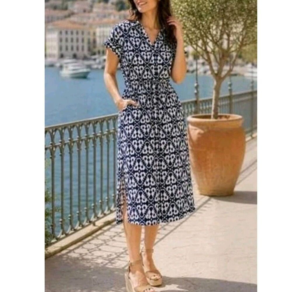 Jewel Badgley Mischka Blue & White Geometric Print Short Sleeve Dress Sz S